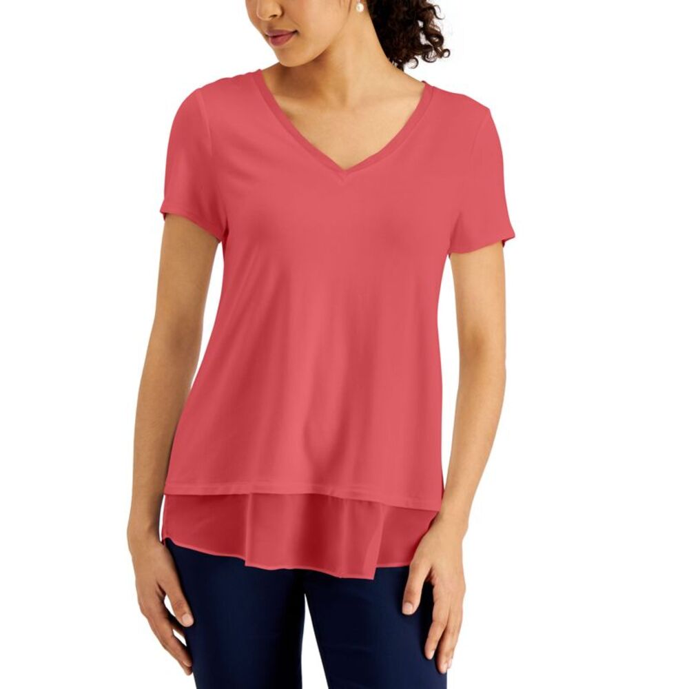 JM Collection V Neck Sheer Hem Top